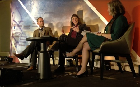 NASA astrophysicist Jennifer Wiseman (M) speaks during the BioLogos 19 conference at the Hyatt Regency in Baltimore, Maryland, on March 28, 2019. To her left is BioLogos Foundation President Deb Haarsma. To Wiseman's right sits astrobiologist Stephen Freeland.