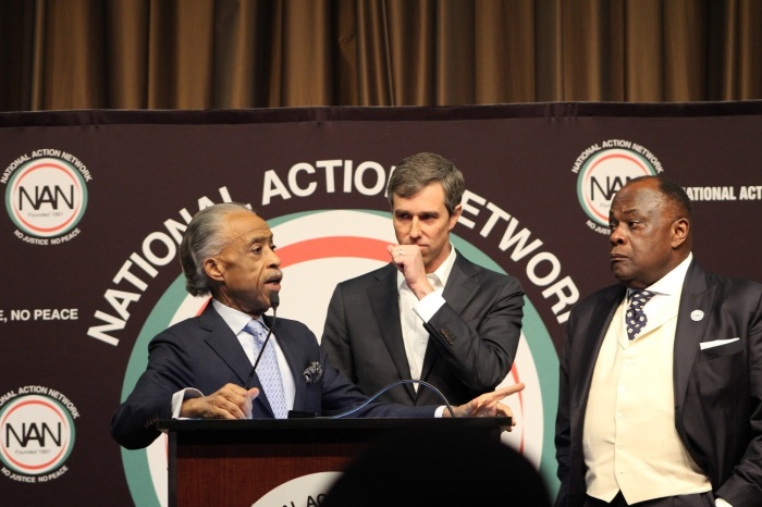 Former Texas Rep. Beto O'Rourke (C), who is one of several 2020 Democrat presidential candidates, listens to questions from Rev. Al Sharpton (podium), at the National Action Network convention in New York City on Wednesday, April 3, 2019. NAN Chairman Rev. Dr. W. Franklyn Richardson (R) looks on.