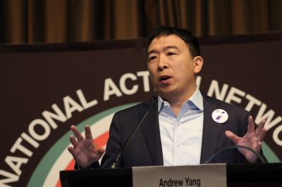 Andrew Yang, businessman and 2020 Democrat presidential candidate pitches his argument for Universal Basic Income at the National Action Network convention in New York City on Wednesday April 3, 2019.