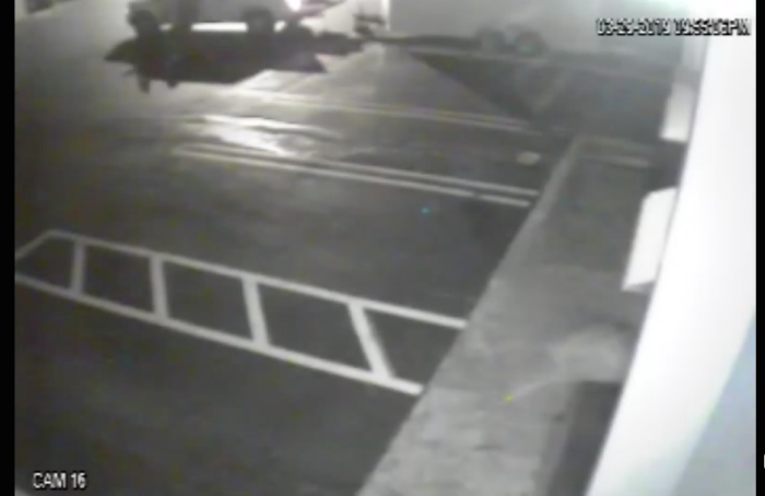Surveillance footage shows (at the top) someone pulling up in a pickup truck and stealing a trailer that belongs to Square Root Church.