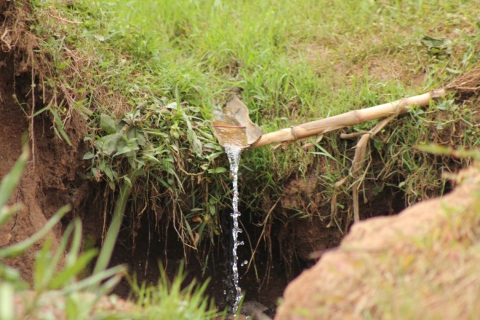 Water falls in the marshland near the village of Kabusanza in Rwanda's Southern Province in February 2019. Prior to a nearly 5-mile water pipeline being built, villagers would have to walk up to over a mile from their home to local water sources like this to fill up their jerrycans. Illness would often result from drinking the dirty water. 