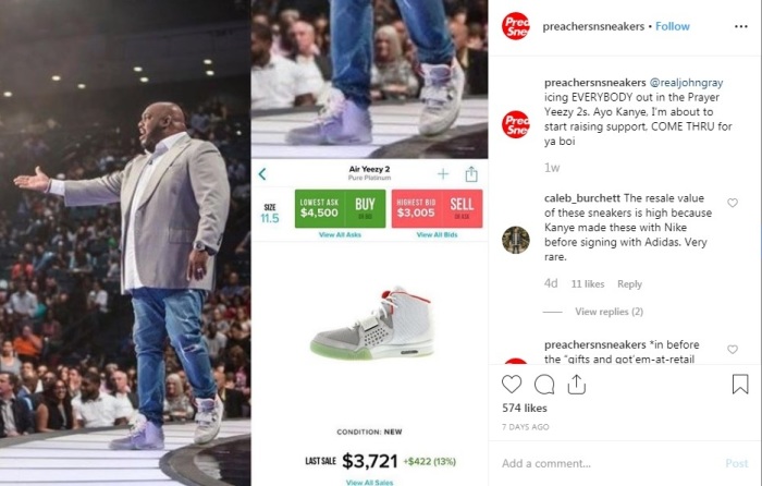 Pastor John Gray of Relentless Church in Greenville, South Carolina sports Air Yeezy 2 pure platinum shoes.