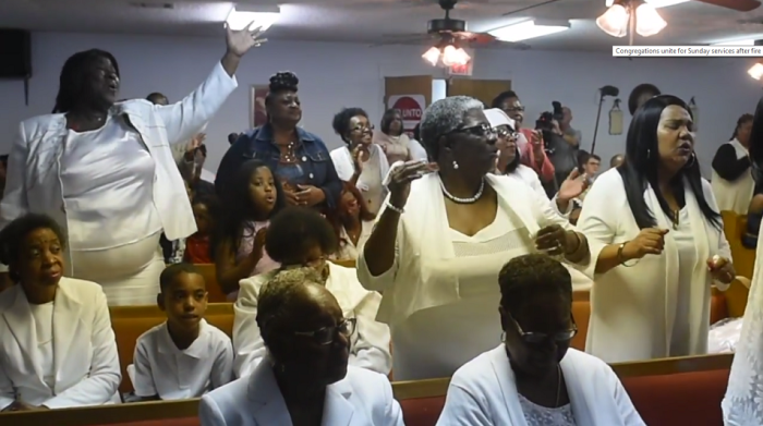 Congregations from the Mount Pleasant Baptist Church and Morning Star Baptist Church worship on Sunday April 7, 2019 after a fire destroyed Mount Pleasant days earlier.