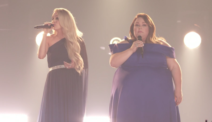 Chrissy Metz and Carrie Underwood sing at the AMC Awards in Las Vegas, April 7, 2019.