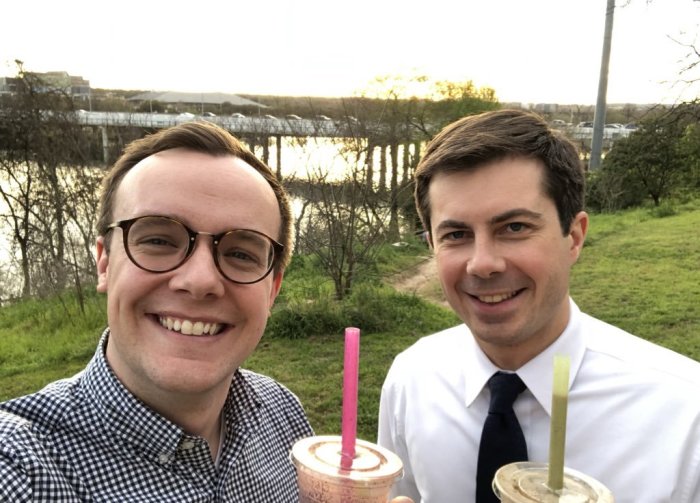 2020 Democrat presidential candidate and mayor of South Bend, Indiana, Pete Buttigieg (R) and his husband Chasten (L)