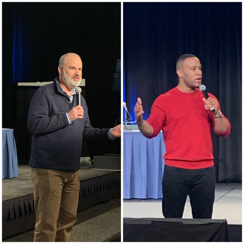 Alex Kendrick (L) and DeVon Frankling (R) speak at the TV & Film Summit presentations March 27 at Proclaim 19, the NRB International Christian Media Convention in Anaheim, California.