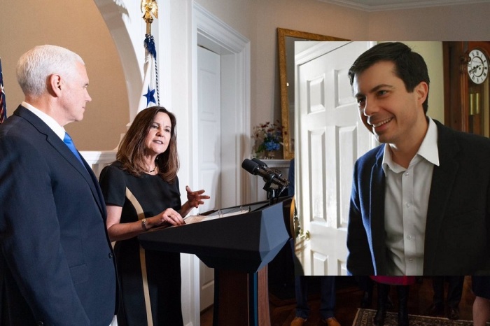 Karen Pence and her husband Vice President Mike Pence (L) and openly gay 2020 Democrat presidential candidate Pete Buttigieg (inset).