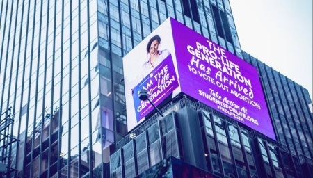A Students for Life of America billboard is displayed in Times Square in the Manhattan borough of New York City in April 2019.