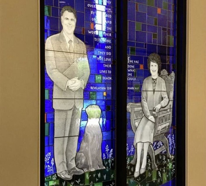 A stained glass window honoring Paige Patterson and his wife, Dorothy, are on display at the J.W. MacGorman Chapel and Performing Arts Center at Southwestern Baptist Theological Seminary in Forth Worth, Texas. 