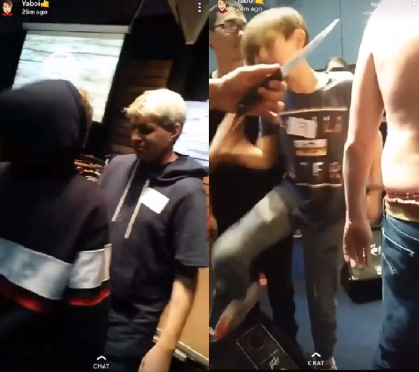 A students spits on Pastor Jaddeus Dempsey of Impact City Church in Ohio (L) and another gets ready to cut him "gently" with a steak knife (R) to illustrate an Easter message on April 15, 2020.