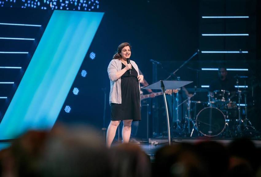 Abby Johnson, former Planned Parenthood clinic director, addresses more than 4,000 people at the "Life Is Beautiful" conference on April 13, 2019, at Free Chapel Church in Gainesville, Ga.,