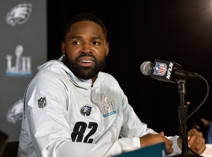 BLOOMINGTON, MN - JANUARY 30: Torrey Smith #82 of the Philadelphia Eagles speaks to the media during Super Bowl LII media availability on January 30, 2018 at Mall of America in Bloomington, Minnesota. The Philadelphia Eagles will face the New England Patriots in Super Bowl LII on February 4th.