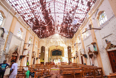  Sri Lankan officials inspect St. Sebastian's Church in Negombo, north of Colombo, after multiple explosions targeting churches and hotels across Sri Lanka on April 21, 2019, in Negombo, Sri Lanka. 