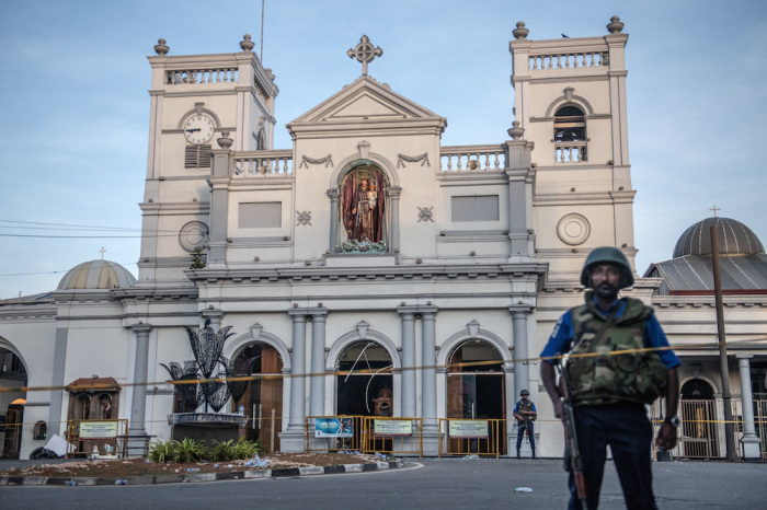 Military personnel guard St. Anthony's Shrine on April 23, 2019, in Colombo, Sri Lanka. 