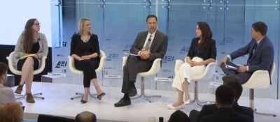 An American Enterprise Institute panel event on Wednesday, May 1, 2019 titled 'The Christian right in the Trump and post-Trump eras.' From left to right: Emma Green, staff writer at The Atlantic; Emily Ekins, research fellow and director of polling at the Cato Institute; David Barker, professor of government and director of the Center for Congressional and Presidential Studies at American University; Joanna Piacenza, features editor for Morning Consult; and moderator Daniel A. Cox, research fellow in polling and public opinion at AEI. 