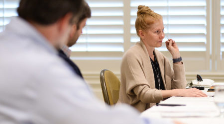 Ana Marie Cox, a columnist and host of the "With Friends Like These" podcast, speaking at Faith Angle Forum, Miami Beach, Florida, April 2, 2019.