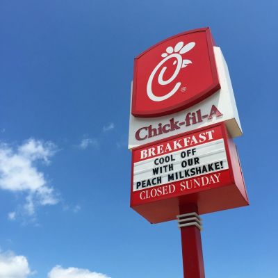 A sign outside a Chick-fil-A restaurant.