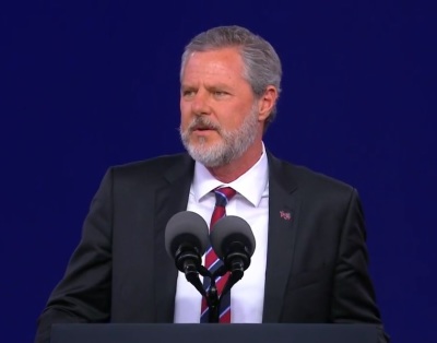Jerry Falwell, Jr. gives a speech at the Liberty University commencement ceremony on Saturday, May 11, 2019. 