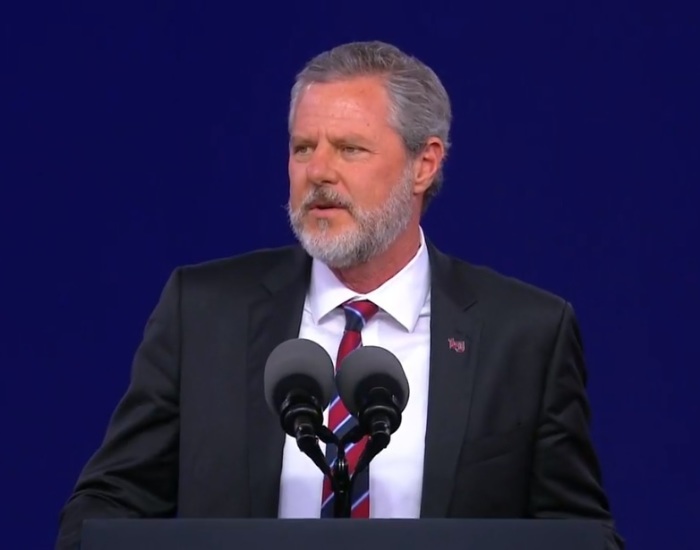 Jerry Falwell, Jr. giving a speech at the Liberty University commencement ceremony on Saturday, May 11, 2019. 