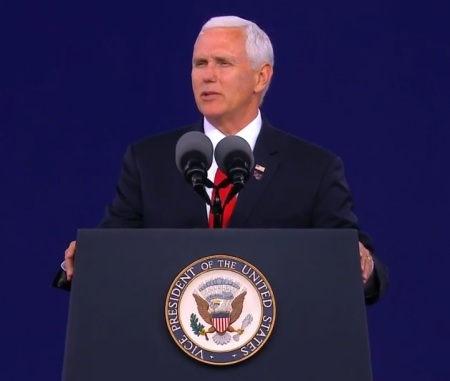 Vice President Mike Pence giving the 46th commencement address at the graduation ceremony at Liberty University in Lynchburg, Virginia, on Saturday, May 11, 2019.