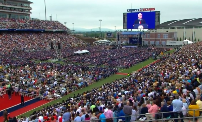 Vice President Mike Pence giving a speech at the Liberty University commencement ceremony in Lynchburg, Virginia, on Saturday, May 11, 2019. 