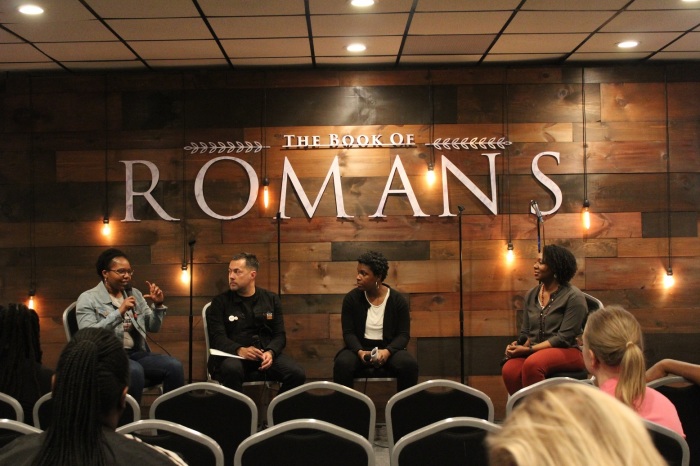 Nena Ruth Ugwuomo (L), founder and president of Student Dream, a non-profit that trains urban kids to build wealth talks about her work during a panel discussion on social justice at Epiphany Church in Brooklyn, NY, on Friday May 10, 2019. Listening (from 2nd L - R) are: Pastor Zac Martin, executive director of Trellis, another nonprofit that helps build neighborhood collaborations to address injustice; Yolanda Solomon, a ministry fellow for Christian Union at Columbia University and panel discussion host, Rachel Atkins a PhD candidate in public policy at The New School.