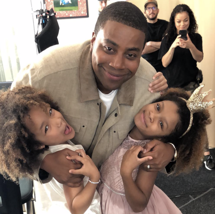 Dani and Dannah pose with Kenan Thopson while on set of their new TV show, April 24