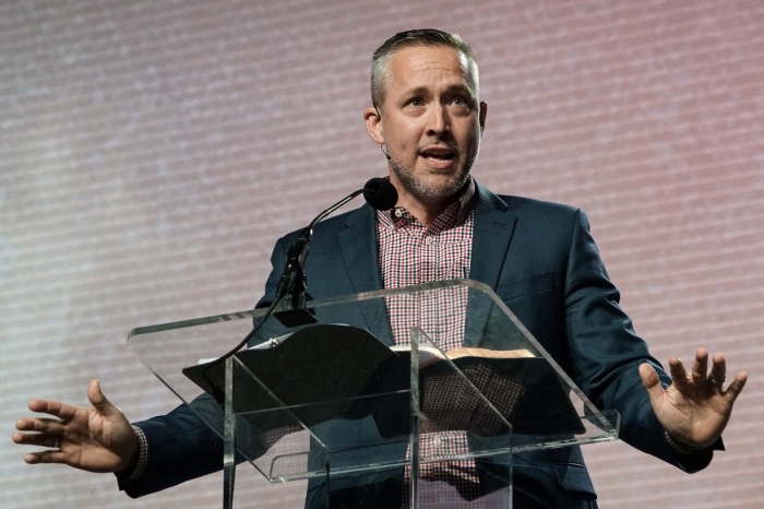 J.D. Greear, pastor of The Summit Church of Raleigh-Durham, North Carolina and president of the Southern Baptist Convention, speaks during the Pastor’s Conference on June 11, 2018 at the Kay Bailey Hutchison Convention Center in Dallas, Texas.