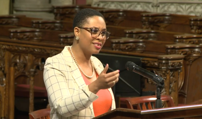 Keri Day, associate professor of constructive theology and African American religion at Princeton Theological Seminary, explains why Christians should support reparations for African Americans at the historic Riverside Church in New York City on May 5, 2019.