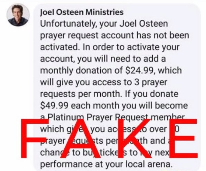 A fake Joel Osteen Ministries account soliciting payments in return for prayer requests. Lakewood Church called out the scam on May 15, 2019. 