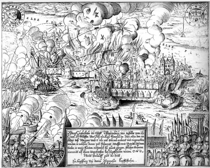 An engraving of the sack of Magdeburg during the Thirty Years' War (1618-1648). After months of siege, a Catholic army violently stormed the city, killing approximately 20,000 people, many of whom were civilians. 