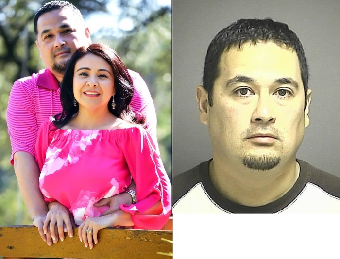 Erbey Valdez, 47, is senior pastor of New Spirit Baptist Church in San Antonio, Texas. He poses with his wife Maricruz (L) in a recent photo and (R) he appears in a mug shot from 2009.