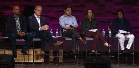 The panel press conference held on the last day of UMC Next, a gathering of about 600 United Methodists held at the Church of the Resurrection of Leawood, Kansas on Wednesday, May 22, 2019. From left to right: Junius Dotson, general secretary of Discipleship Ministries; Adam Hamilton, lead pastor of Church of the Resurrection; DJ del Rosario, pastor of Bothell United Methodist Church in Bothell, Washington; Ginger E. Gaines-Cirelli, senior pastor of Foundry United Methodist Church of Washington, D.C.; and Karen G. Prudente of Methodists In New Directions.