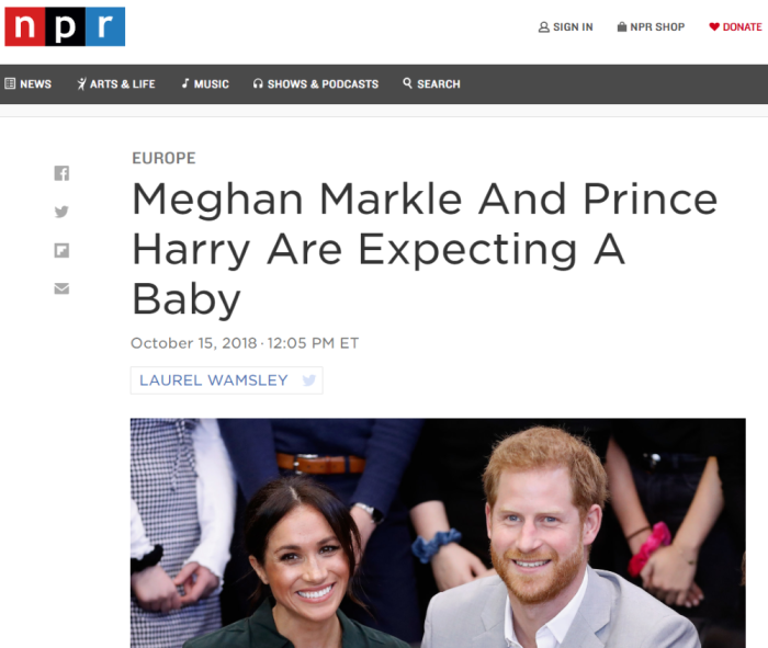 Royal baby article on NPR website, published Oct. 15, 2018, captured May 23, 2019.