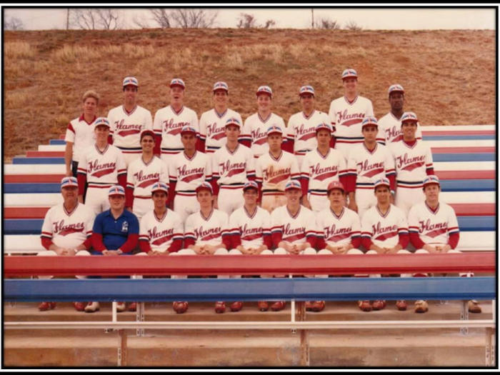 Mark DeYmaz (far-right, second row) and poses for a photo with his teammates on Liberty Baptist College baseball team. Others on the team included former MLB players Sid Bream (top row, second in on the left) and Lee Guetterman (top row, second in on the right).