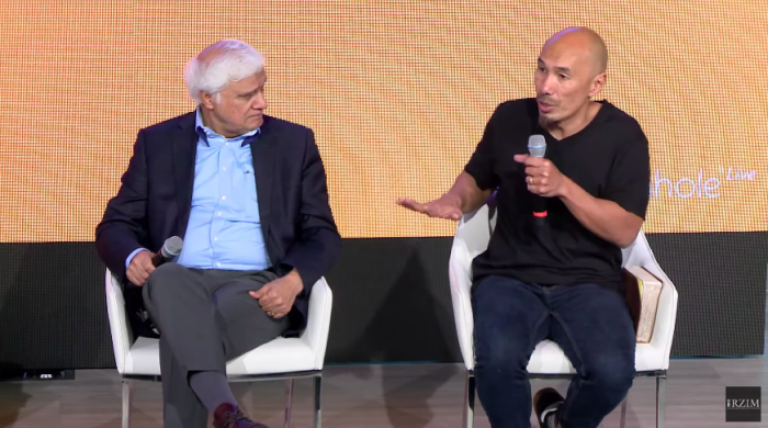 Ravi Zacharias and Francis Chan appear during a Q&A session at the Church Leaders Conference in Alpharetta, Georgia, May 2019. 
