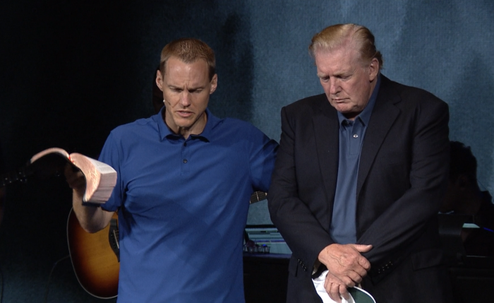 Pastor David Platt of McLean Bible Church in Vienna, Va., prays for President Donald Trump who made a brief unannounced visit on Sunday June 1, 2019.