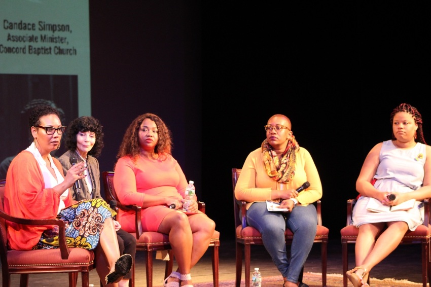 A panel of women discusses rape after the screening of "The Rape of Recy Taylor" at Riverside Church in Manhattan, N.Y., on Wednesday June 5, 2019. (From L-R) Jamilah Lemieux, cultural critic and writer; Nancy Buirski, director and producer of "The Rape of Recy Taylor"; Atira Charles, CEO of Charles Consulting Group; Rev. Alisha L. Gordon, executive minister of programs at The Riverside and Candace Simpson, associate minister at Concord Baptist Church.
