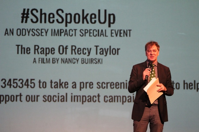 Nick Stuart, Odyssey Impact CEO introduces 'The Rape of Recy Taylor' at The Riverside Church in Manhattan, N.Y., on June 5, 2019.
