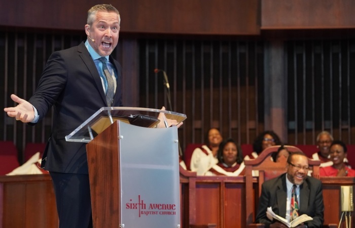 J.D. Greear, president of the Southern Baptist Convention and pastor of The Summit Church in Durham, N.C., preaches at Sixth Avenue Baptist Church in Birmingham, Ala., during a Sunday morning service June 9, 2019.