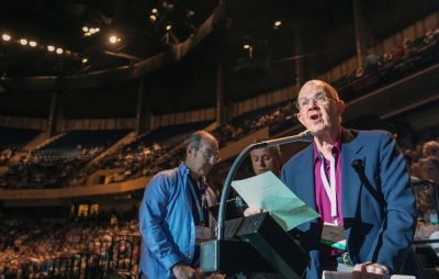 Morgan Bush, a messenger from Alabama, brings a motion during the 2019 Southern Baptist Convention Annual Meeting June 11 at the Birmingham-Jefferson Convention Complex in Birmingham, Ala. 