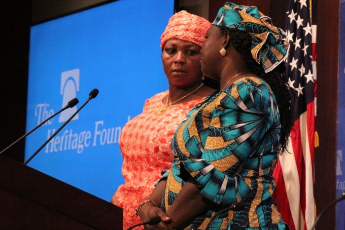 Rebecca Sharibu (L) and Gloria Puldu (R) speak at the Heritage Foundation's office in Washington, D.C. on June 11, 2019. They called for the U.S. government to pressure the Nigerian government to more urgently secure the release of Sharibu's daughter, Leah, from Boko Haram. 