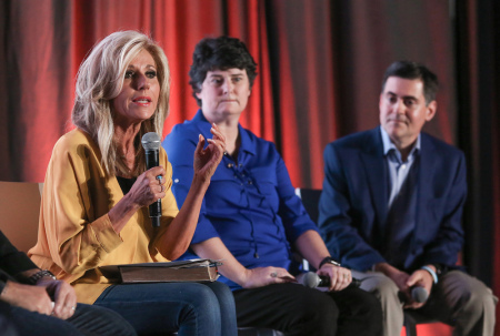 (L to R) Beth Moore, Susan Codone and Russell Moore participate in a panel discussion hosted by the Southern Baptist Convention's Ethics & Religious Commission called 'Sexual Abuse and the Southern Baptist Convention' June 10, 2019, at the Birmingham-Jefferson Convention Complex, the night before the start of the two-day SBC annual meeting.