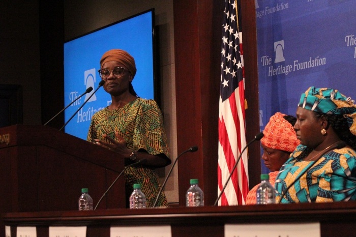 Alheri Magaji (L) speaks about the plight of the Adara community in Kaduna, Nigeria, during an event hosted by the Heritage Foundation in Washington, D.C. on June 11, 2019. 