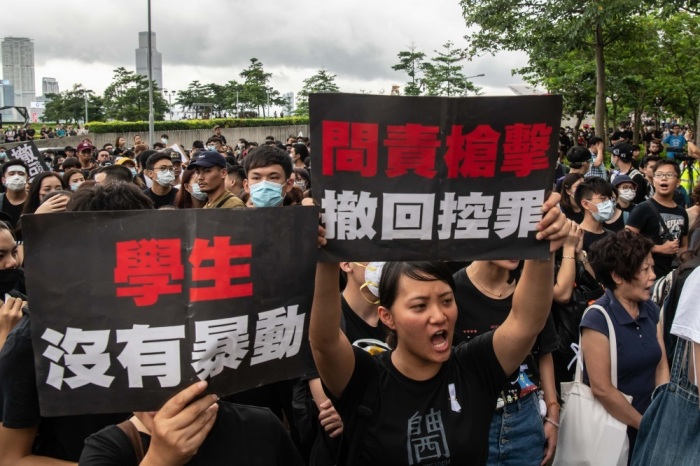 Protesters march after a rally against a now suspended extradition law, on June 17, 2019 in Hong Kong, China. 