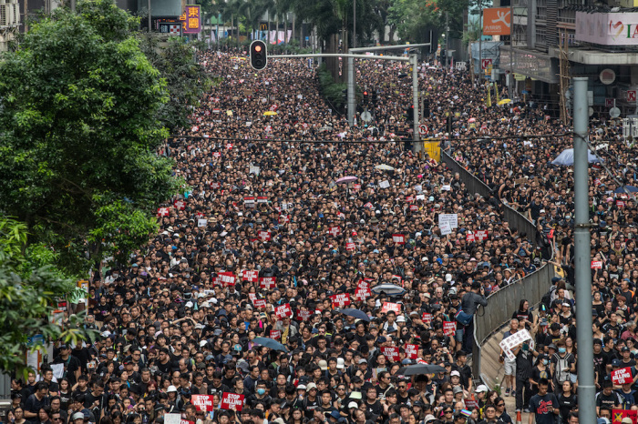 Protesters demonstrate against the now-suspended extradition bill on June 16, 2019 in Hong Kong. Large numbers of protesters rallied on Sunday despite an announcement by Hong Kong's Chief Executive Carrie Lam that the controversial extradition bill will be suspended indefinitely. 