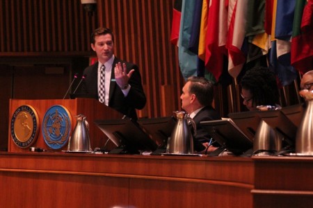 UNICEF Public Partnerships Manager Sean Snyder speaks during a convening of stakeholders included in the WASH for Health Care Facilities initiative at the Pan American Health Organization headquarters in Washington, D.C. on June 19, 2019.