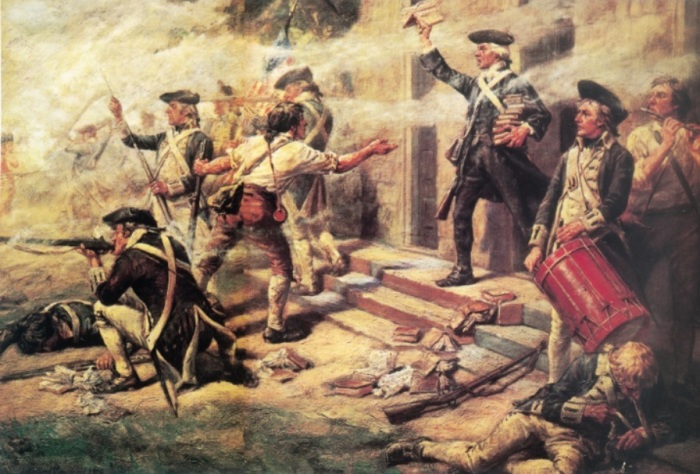 An early twentieth century painting depicting the Battle of Springfield, New Jersey, which occurred in 1780 during the American Revolution. 