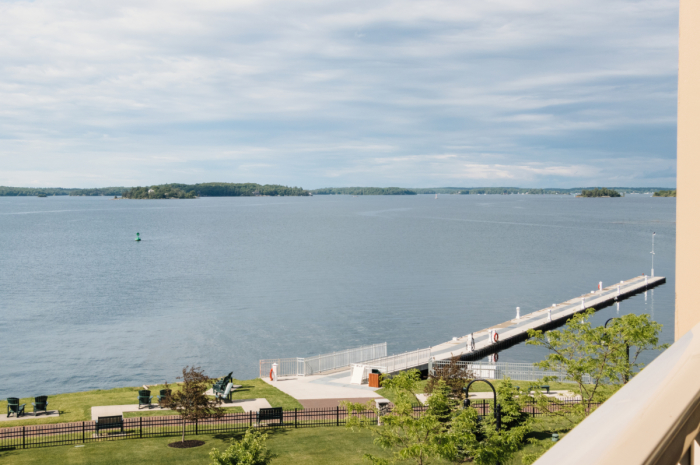 The 1000 Islands Hotel overlooks the St. Lawrence River. 
