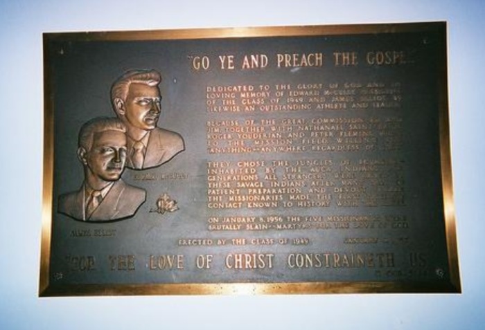 A plaque honoring martyred missionaries Jim Elliot and Ed McCully displayed at Wheaton College, where they both graduated.